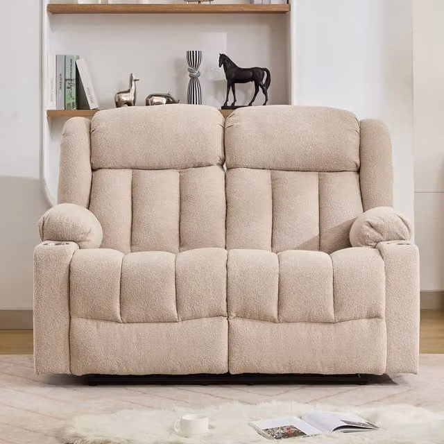 Artemis Home Lovell 2 Seat Manual Recliner Sofa with Cup Holders in Beige Bouclé