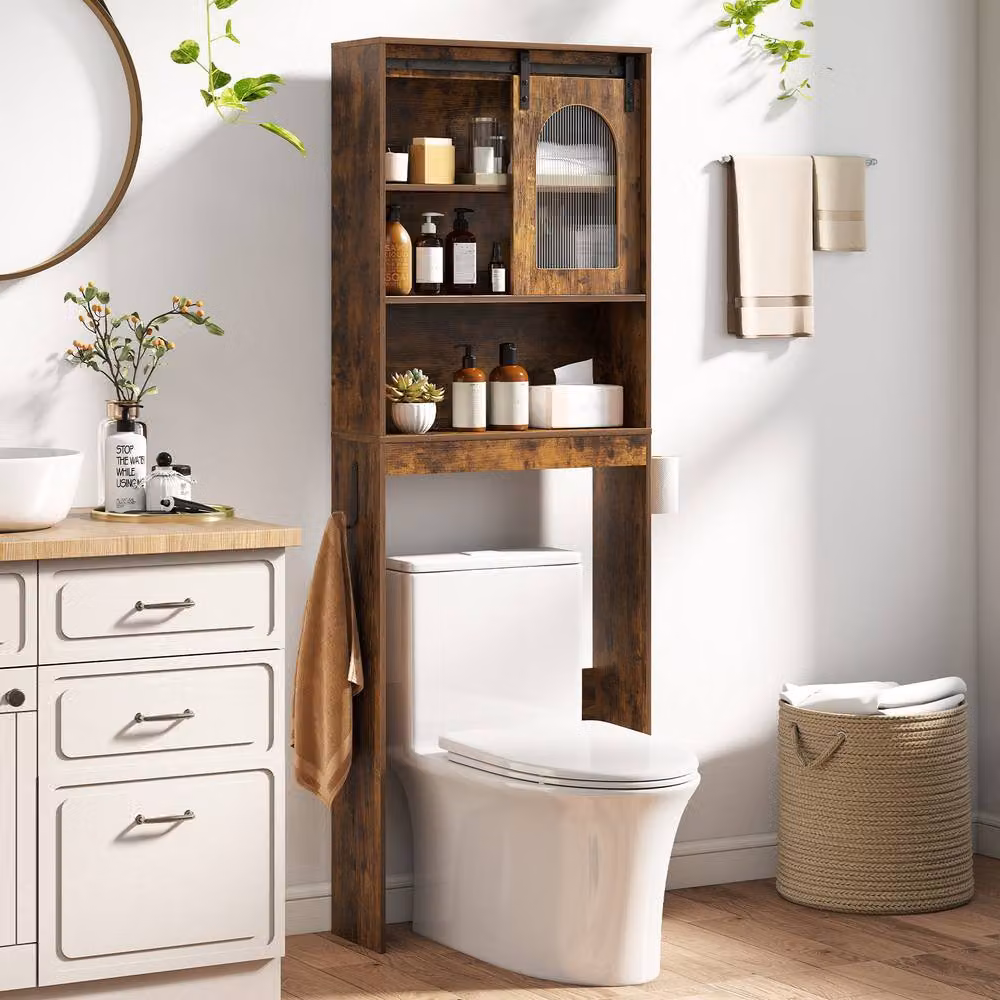 Costway Over Toilet Storage Cabinet Bathroom Organiser with Toilet Paper Holder in Brown – 8