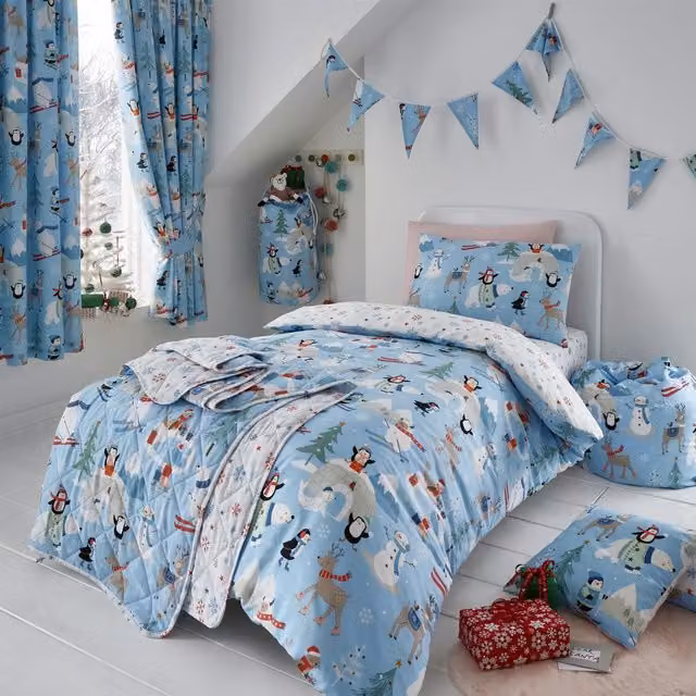 Portfolio Home Snow Friends Reversible Blue Childrens Duvet Cover Set, W: 140 cm, L: 200 cm