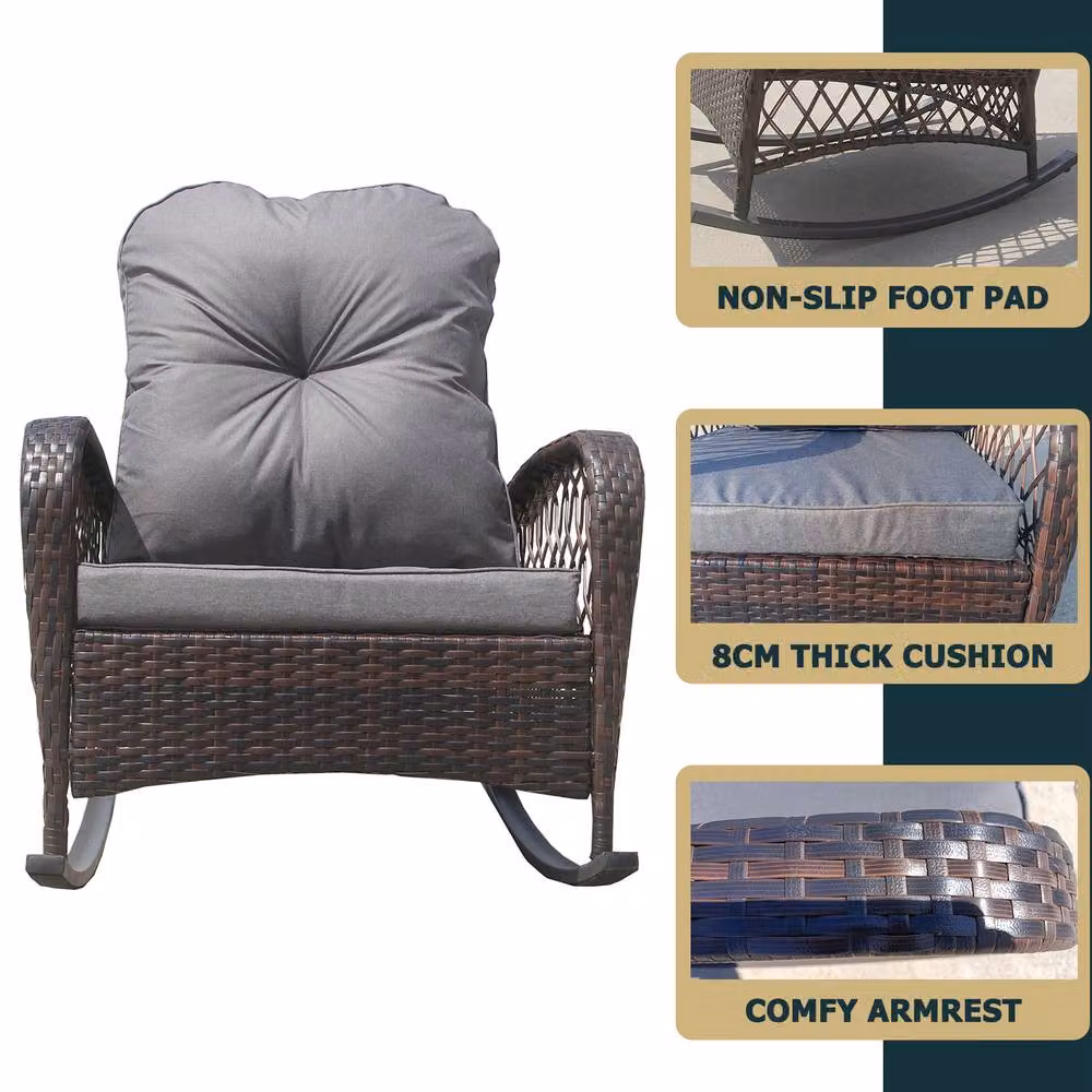 FURNITURE ONE Brown Rattan Patio Rocking Chair with Soft Cushion – 2