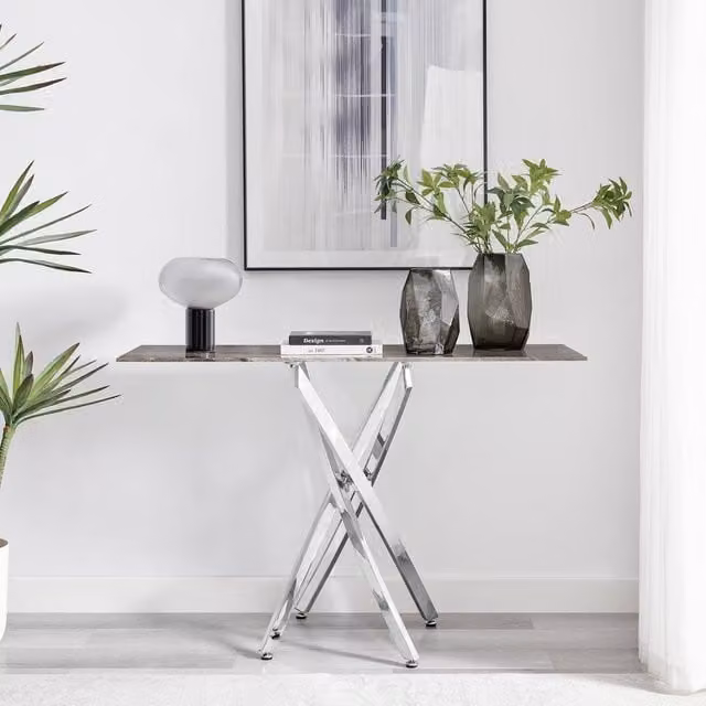 FurnitureboxUK Leonardo Rectangular Marble Effect Glass Top Console Table with Silver Metal Starburst Legs in Grey – 1