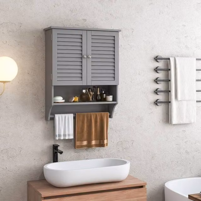 Costway Grey Wall Mounted Wooden Bathroom and Kitchen Medicine Cabinet with 2 Hinged Doors and Internal Shelves