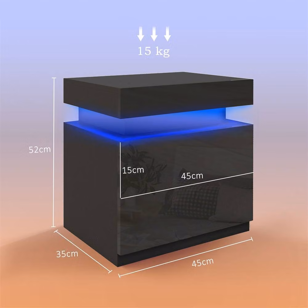 EONLION Black High Gloss Modern Bedside Cabinet with Integrated Lighting – 2