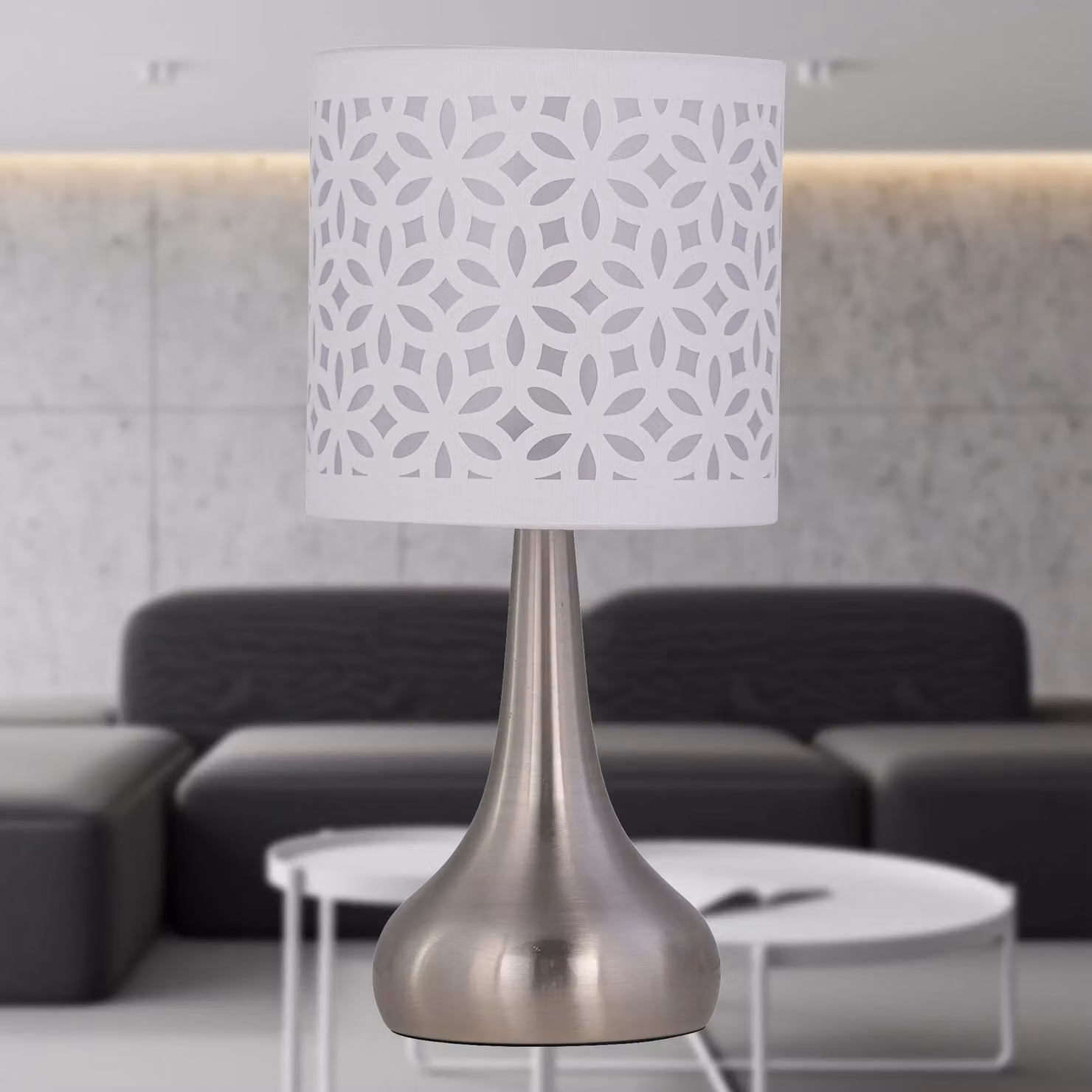 First Choice Lighting Romana Set of 2 Brushed Chrome Touch Table Lamps with White Fabric Shades – 2