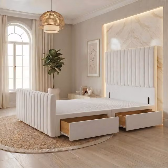 Somnior Eleanor Velvet Divan Base with 2 Drawers, 54 inch Headboard and 22 inch Footboard, White, W/D/H: 90 x 190 x 137.16 cm