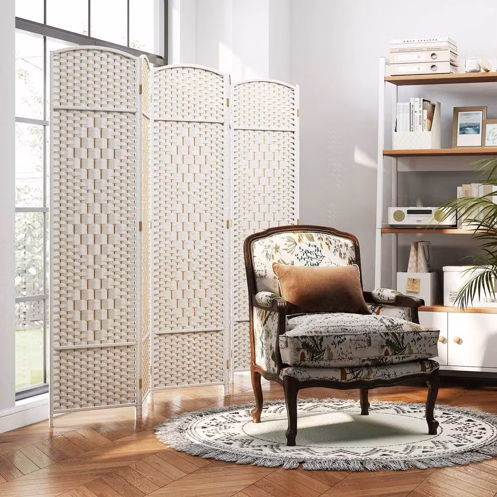 Costway 6 Panel Room Divider Privacy Screen with Hand-woven Rattan in White – 2
