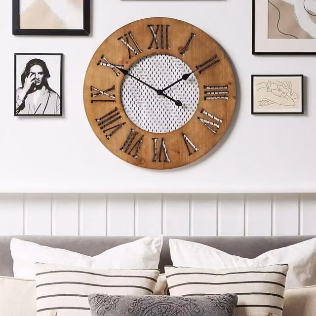 Wyld and Coco Round Geometric Wood Wall Clock in Brown, Black and White, Diameter: 60 cm