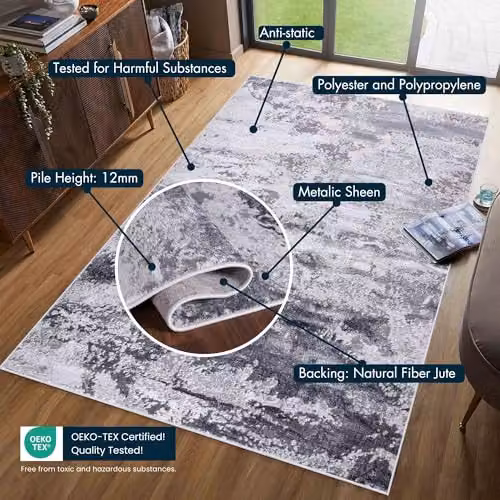Serdim Rugs Abstract Modern Hallway Runner Rug, Silver, W: 60 cm, L: 220 cm – 4