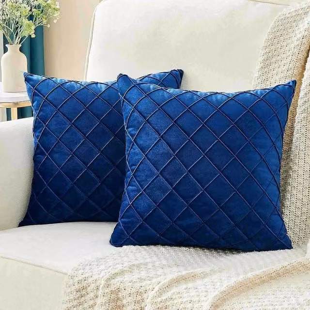 YnysTec Navy Blue Velvet Checked Square Cushion Cover, W/D/H: 50 x 50 x 50 cm – 1