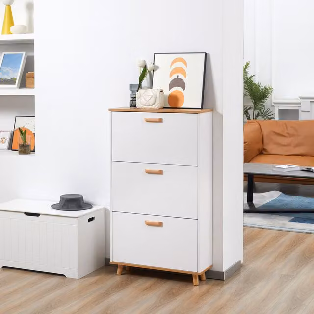HOMCOM Modern Slim White Shoe Storage Cabinet with Tilting Compartments and Internal Shelves
