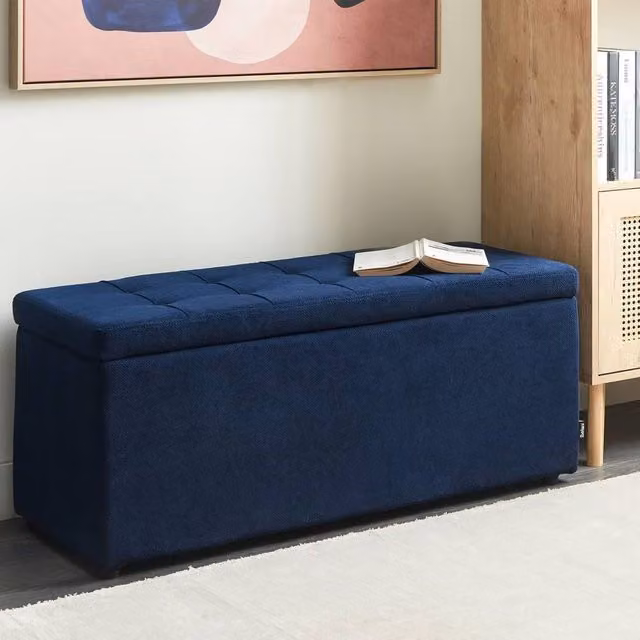 Wyld and Coco Blue Fabric Storage Ottoman, W/D/H: 100 x 42 x 40 cm