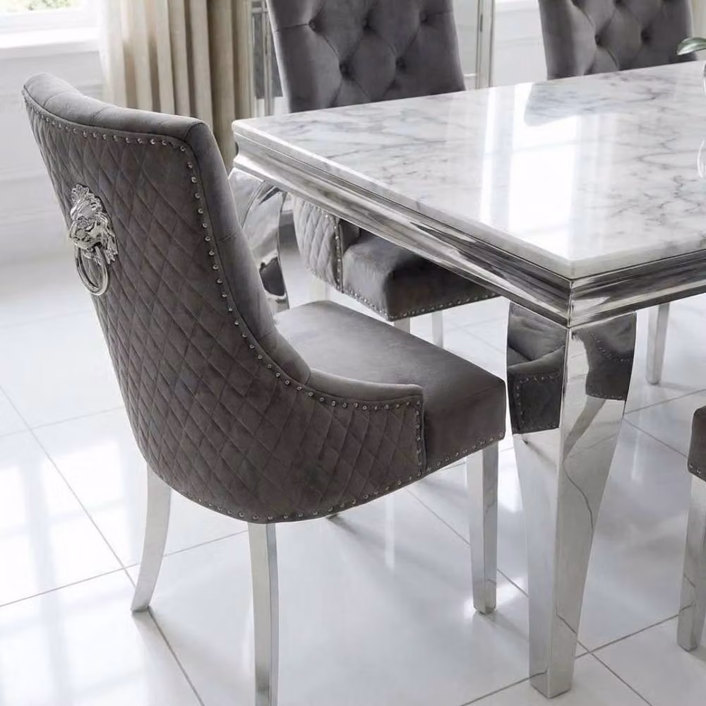 Home Luxe Interior Sofia Dining Set with Cream Gold Marble Table and 6 Grey Lion Back Velvet Chairs, Width: 160 cm – 5