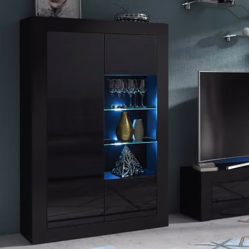 Creative Furniture Arcadia Black Glossy Display Cabinet with Glass Doors and Integrated Lighting W/D/H: 140 x 35 x 93 cm – 5