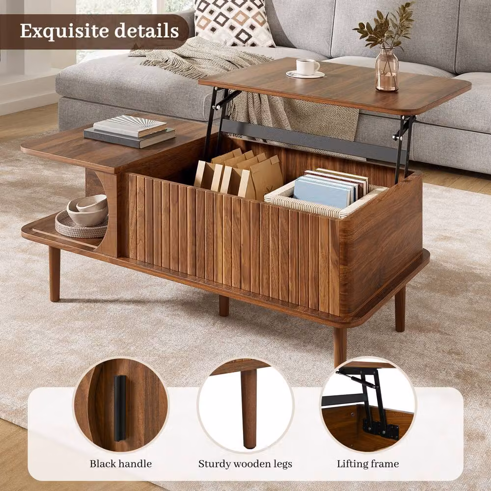 Merax Modern Lift Top Coffee Table with Sliding Door Storage in Walnut Brown, W: 100 cm, D: 60 cm, H: 48 cm – 5