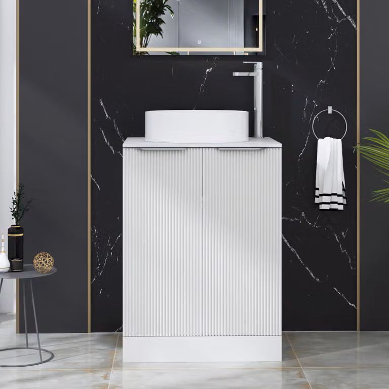 Royal Bathrooms Evora 600mm Matt White Fluted Floor Standing 2 Door Vanity Unit with Art Deco Basin