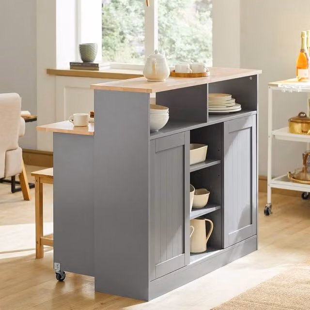 SoBuy Expandable Country House Style Kitchen Island with Sliding Doors in Grey Matt Wood Finish – 1
