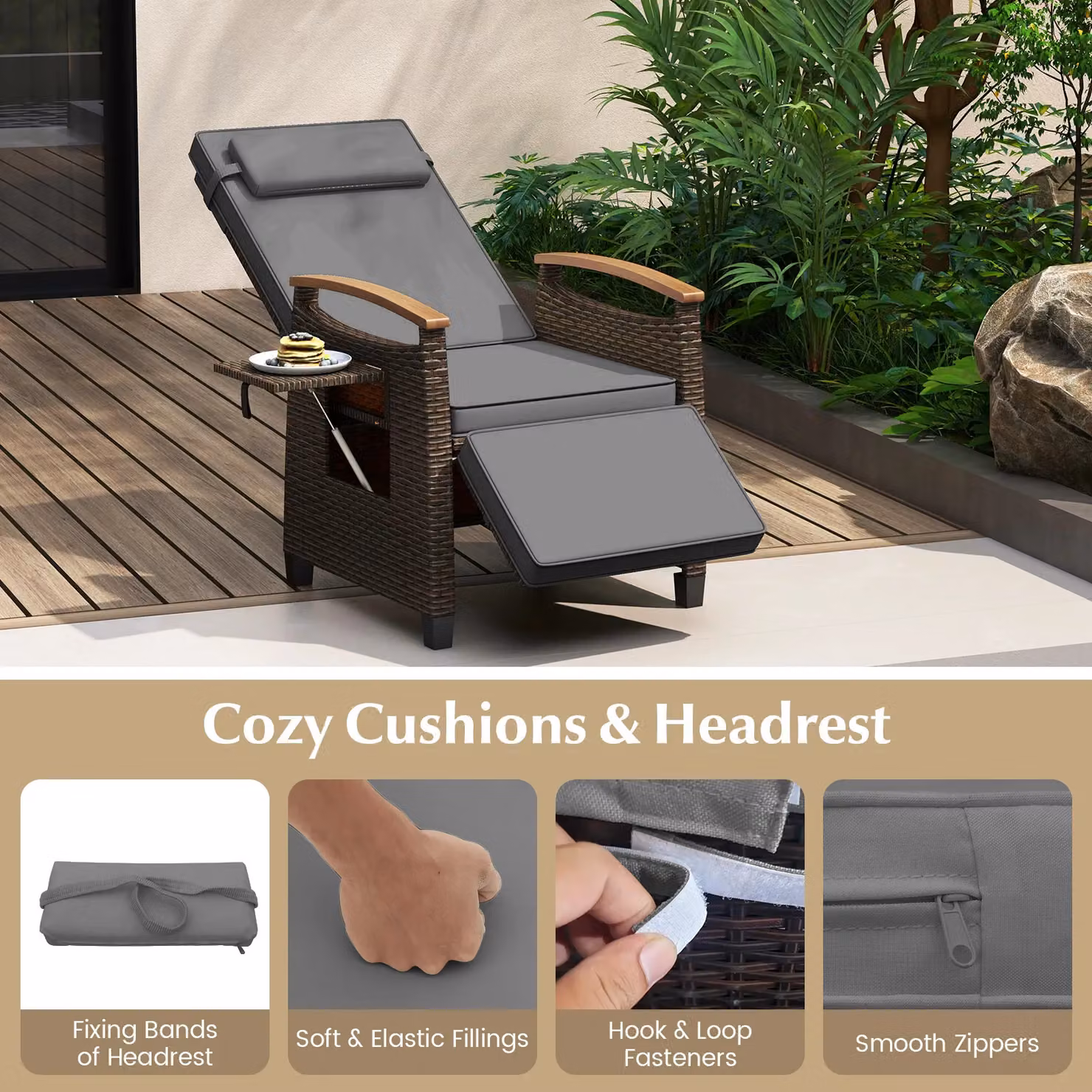 Gymax Grey Rattan Patio Recliner Chair with Acacia Wood Frame – 8