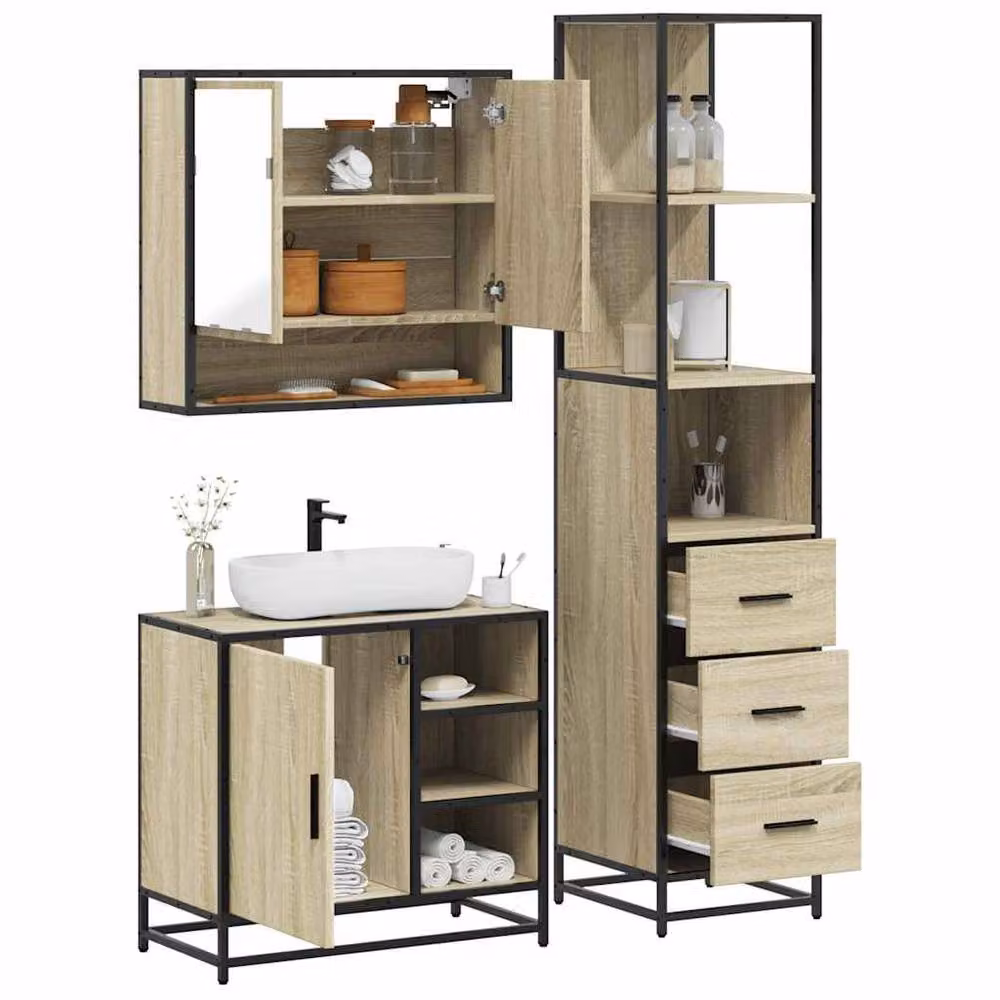 Berkfield Home 3 Piece Industrial Bathroom Furniture Set in Sonoma Oak and Brown – 2