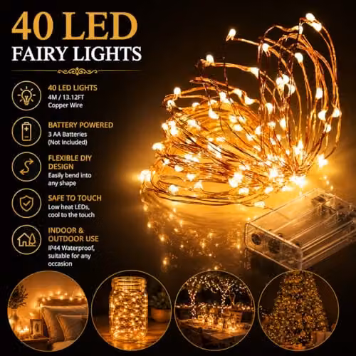 Shatchi 40 LED Warm White Battery Operated Fairy String Lights with 4m Copper Wire – 6