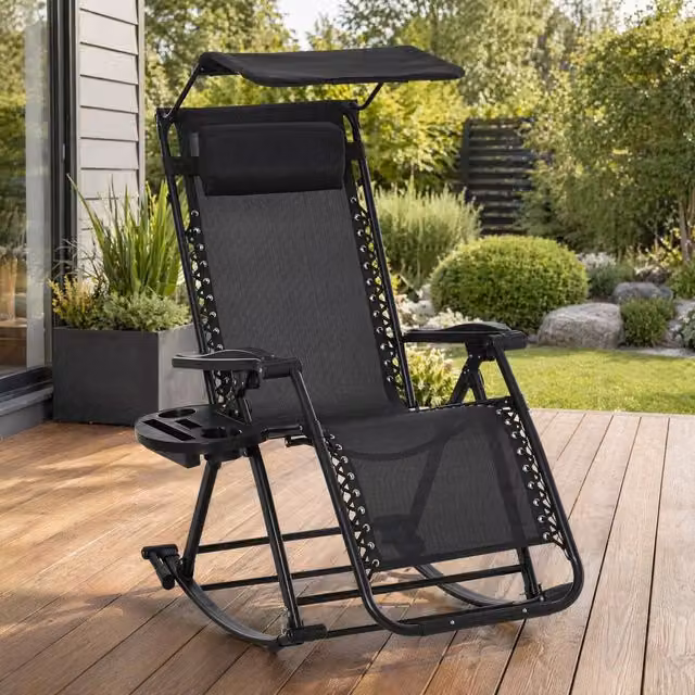 STILVORA Rocking Sun Lounger with Canopy and Side Tray in Black