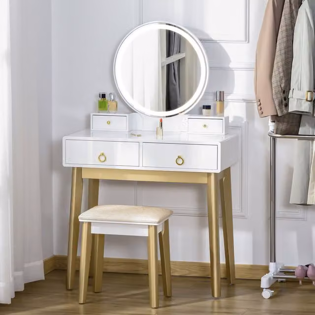 HOMCOM Modern White Glossy Vanity Table Set with Hollywood LED Mirror