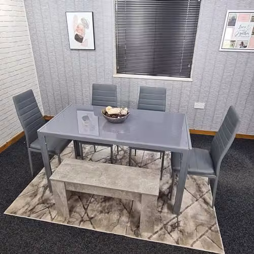 KOSY KOALA Modern Rectangular Glass Dining Table Set with 4 Grey Leather Chairs and a Bench