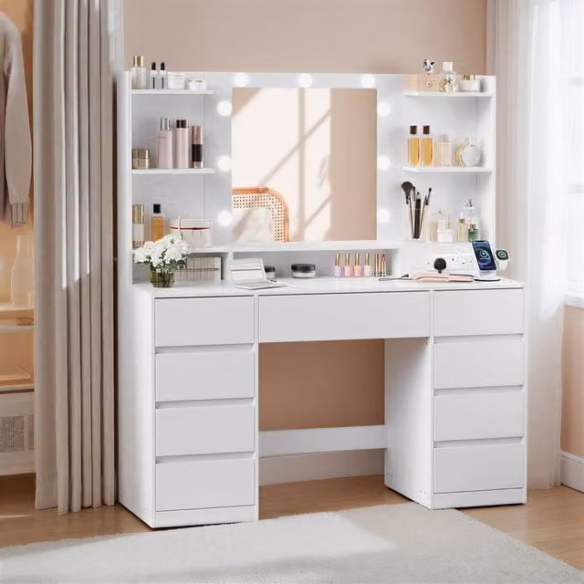 VASAGLE White Dressing Table with LED Mirror and 9 Drawers