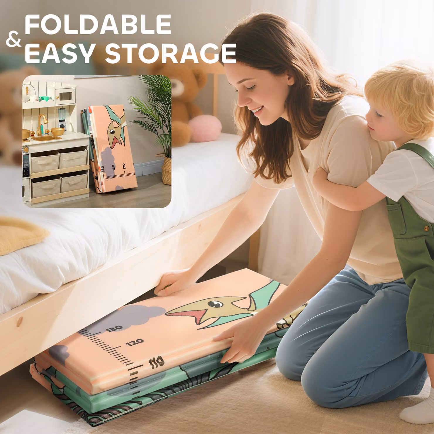 AIYAPLAY Dinosaur-Themed Baby Play Mat, Double Sided, Foldable and Water-Resistant Foam Mat, Multicolour, W: 146 cm, D: 177 cm, H: 1.5 cm – 3