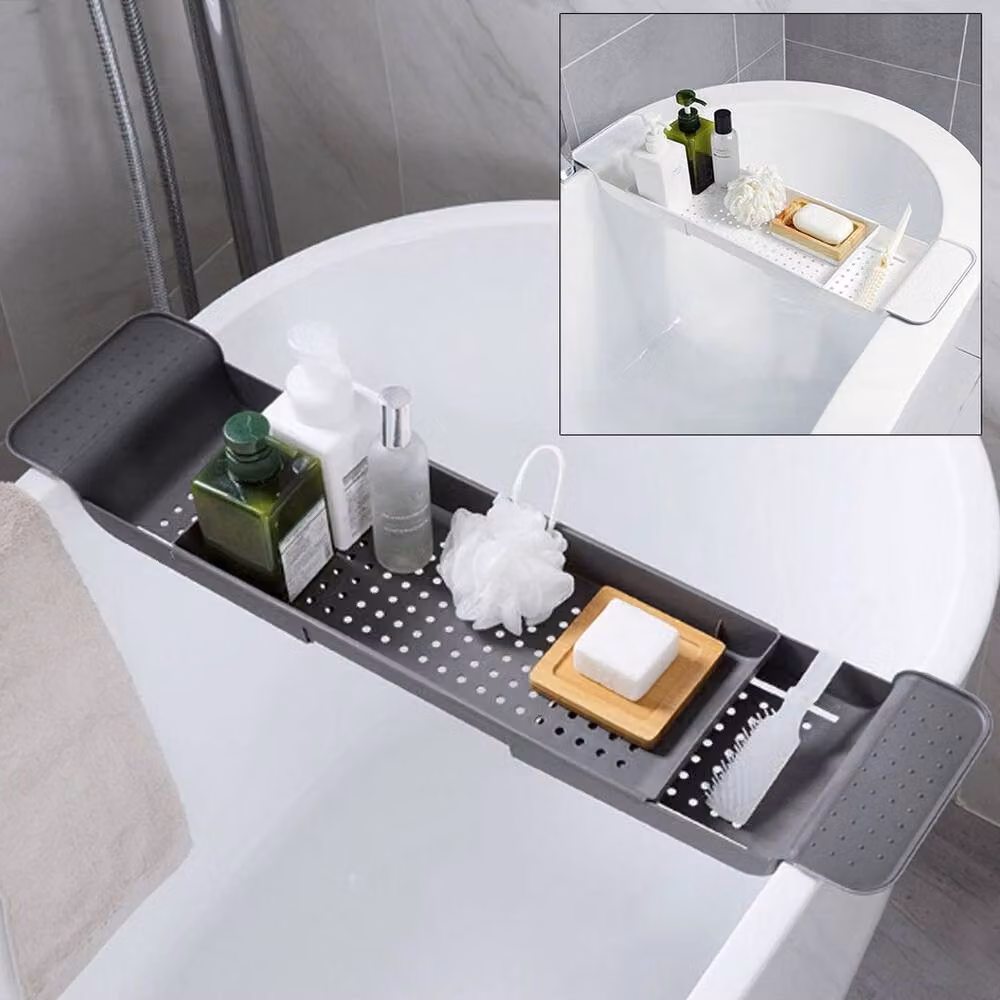 PAWNORA Extendable Plastic Bathtub Tray with Drainage in Dark Grey – 3