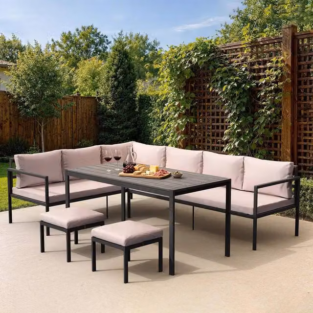 VonHaus Aruba 7 Seater Garden Furniture Dining Set in Grey with Powder Coated Steel Frame and Weather Resistant Cushions