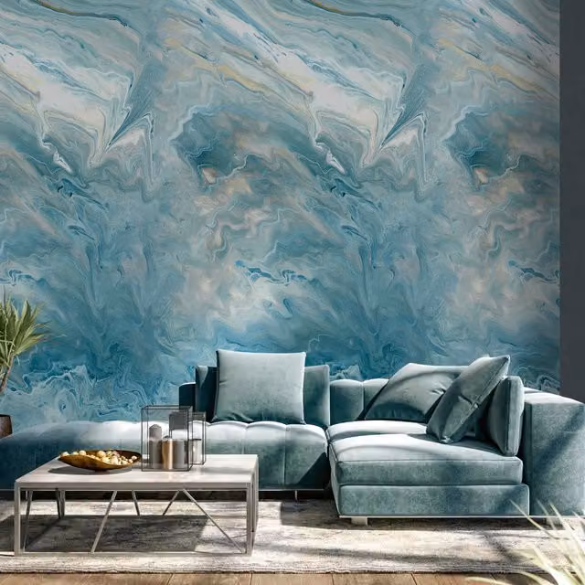 Grandeco Blue Abstract Marble Textured Vinyl Mural, W: 2.8 m, H: 1.59 m