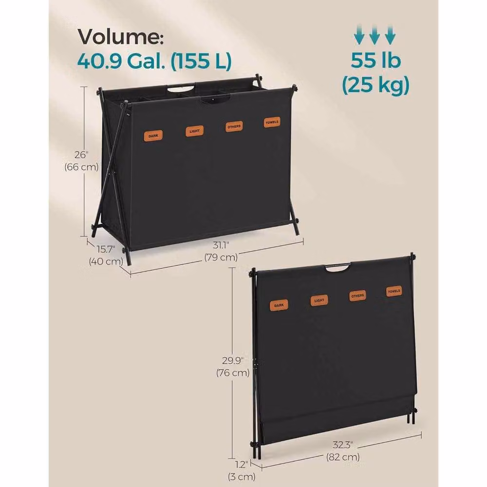 The Bazaarist 4 Compartment Foldable X Frame Laundry Hamper with Handles, Jet Black – 3