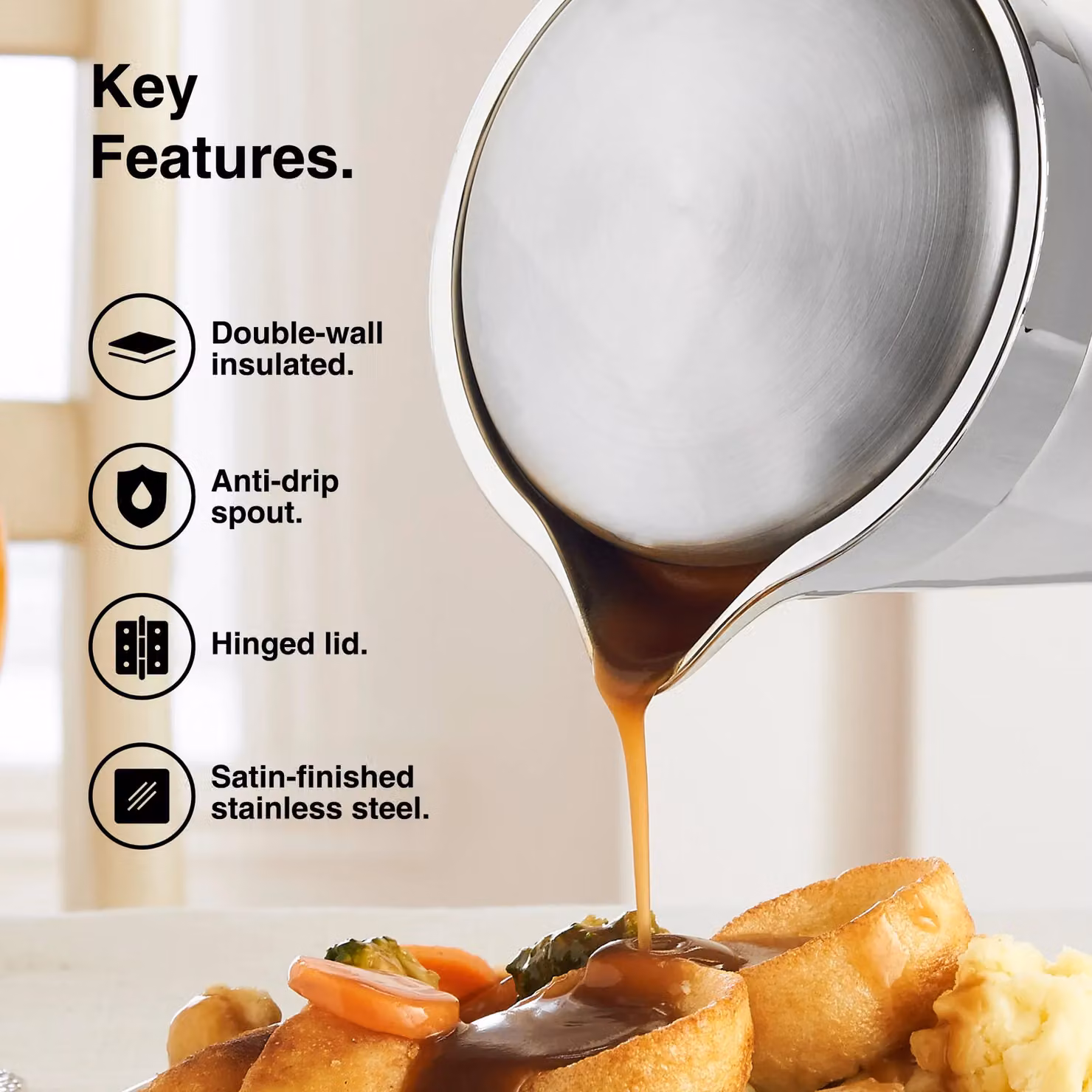 VonShef Stainless Steel Double Walled Insulated Gravy Boat with Lid and Drip Free Spout, Silver, 750ml – 3