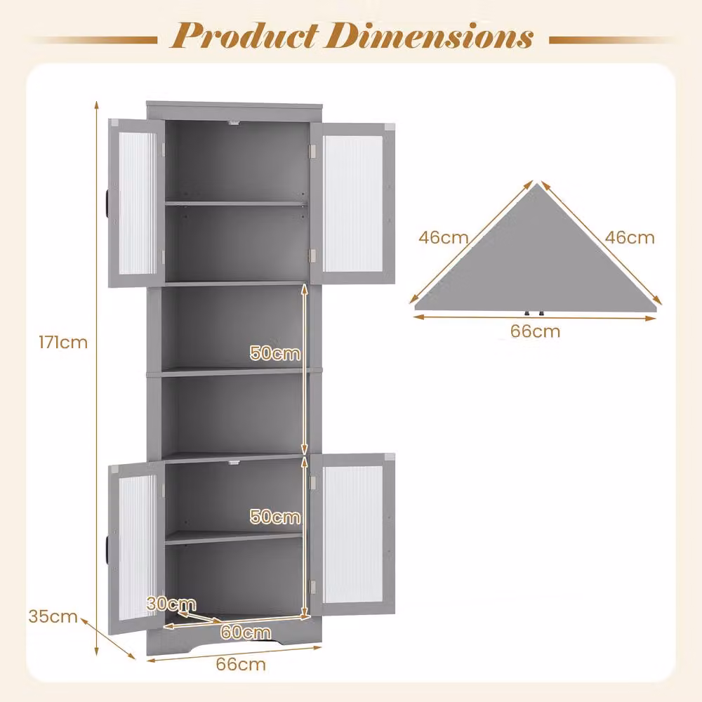 Costway 6-Tier Corner Storage Cabinet with 4 Glass Doors, Grey, Height: 170 cm – 2