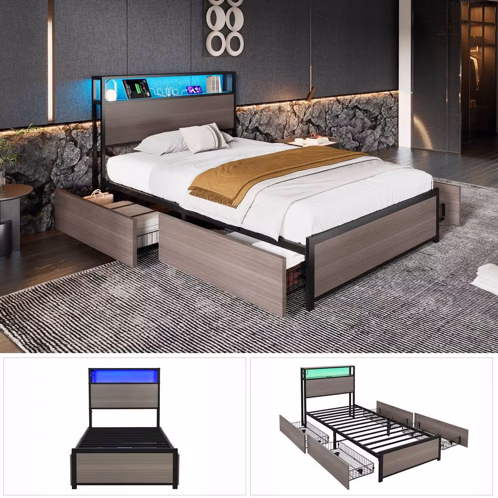 Merax Single Industrial Metal Bed with LED Headboard, USB Charging Port and 4 Drawers in Grey and Black, W/D/H: 90 x 190 x 105 cm – 3