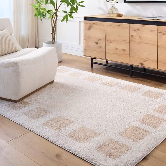 Livabliss Fossay Shag Washable High Pile Geometric Rug in Beige, Brown, Green and Grey, W: 200 cm, D: 275 cm – 1