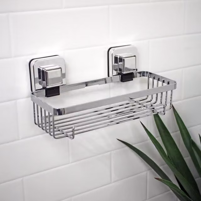 Showerdrape Pushloc Chrome Steel Suction Wall Mounted Rectangular Slatted Basket in Silver – 1