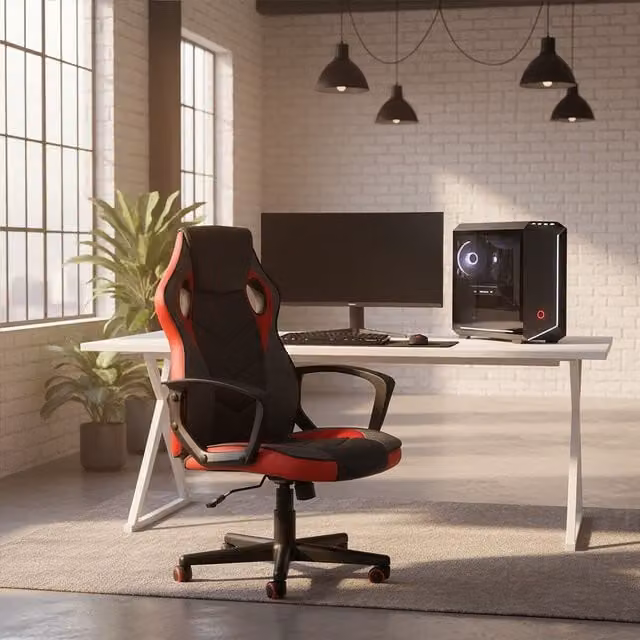 Orsina Ergonomic Black and Red Synthetic Leather Swivel Home Office Chair with Headrest and Armrests – 2