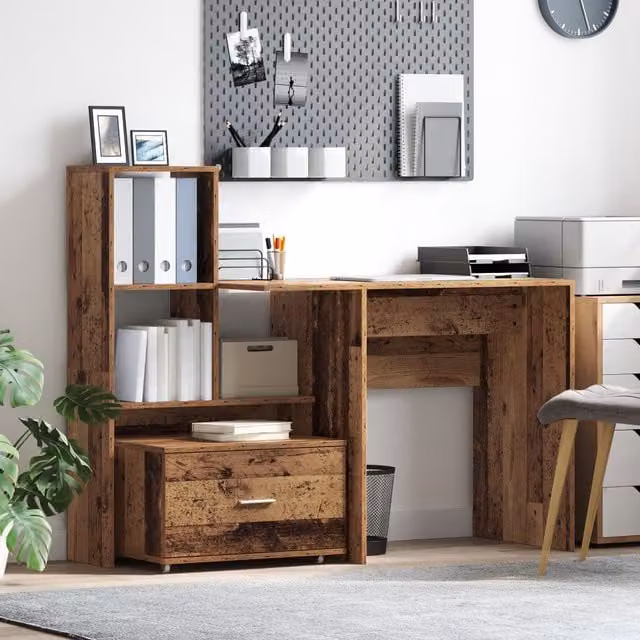 Berkfield Home Writing Desk with Drawer and Shelf in Brown Old Wood, W: 131.5 cm, D: 50 cm, H: 106.5 cm – 1