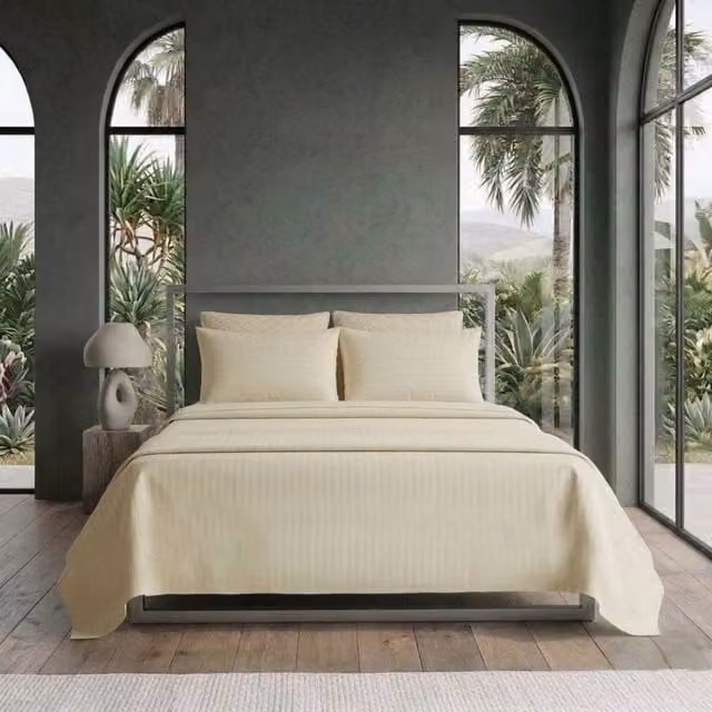 Snug City Luxury Satin Stripe T250 Cotton Rich Soft Flat Sheet Bed Linen in Beige, Size: Double (140 x 200 cm) – 1