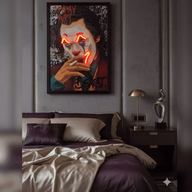 HOME LUXE INTERIOR Joker Neon LED Wall Art, Red and Multicolour Canvas Decor, W: 40 cm, H: 40 cm – 1