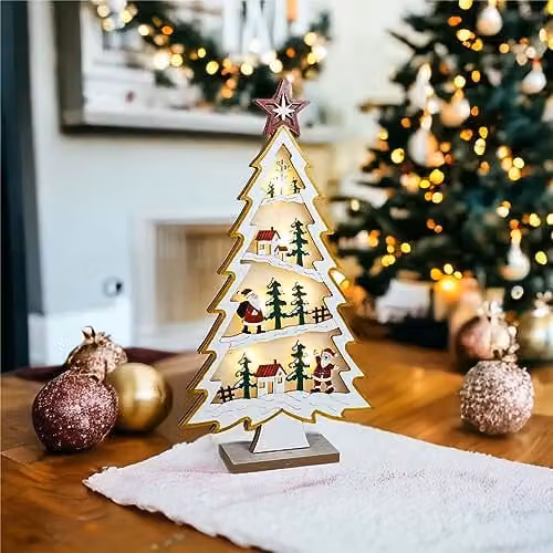 St Helens Home & Garden Xmas Haus Natural Wood LED Light Up Christmas Village Tree Scene, Brown and White, W/D/H: 18.5 x 18.5 x 18.5 cm – 3