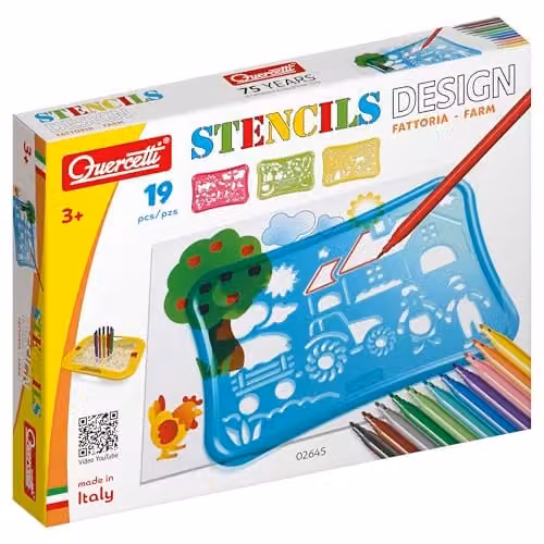 Quercetti Stencils Design Farm Set Educational Drawing and Creativity Kit with 12 Markers, 4 Animal Themed Stencils and Drawing Album
