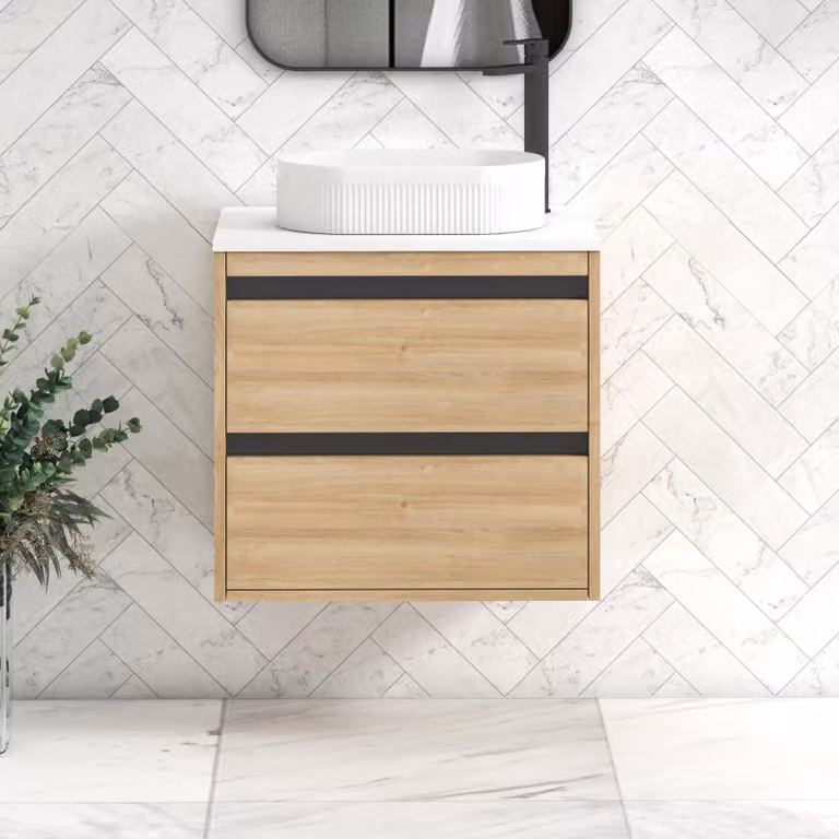 Royal Bathrooms Orion 2 Drawer Natural Oak Wall Hung Vanity Unit with Plain White Top and Countertop Basin and Black Accent Trim