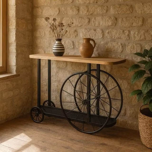 Wyld Haus Shanghai Industrial Oak Console Table in Brown with Black Metal Castors, W/D/H: 120 x 40 x 80 cm – 1