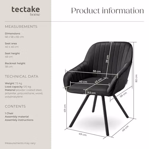 tectake Black Velvet Swivel Armchair with Metal Frame and Foam Padding – 3