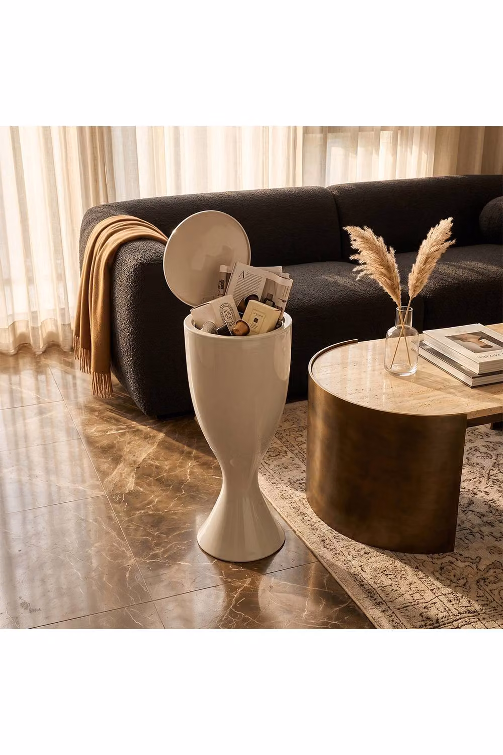 Living and Home 13L Goblet-Shaped Plastic Rubbish Bin with Push-Open Lid and Wheels in Beige – 3