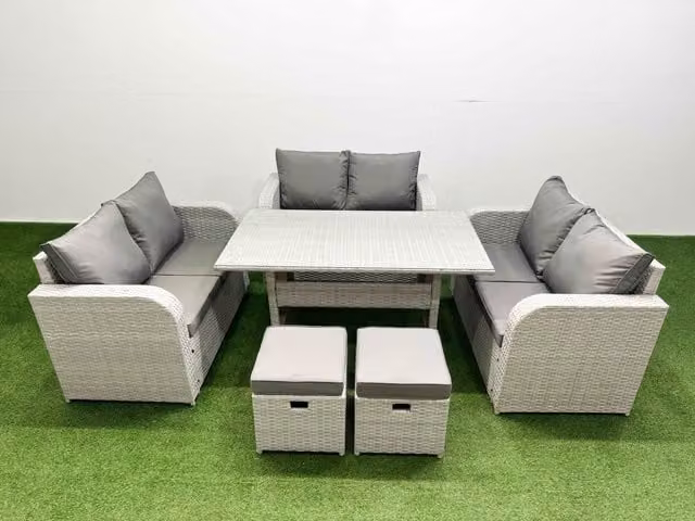 Fimous 8 Seater PE Wicker Rattan Garden Furniture Set with Rectangular Dining Table, 2 Seater Love Sofa and 2 Stools in Light Grey