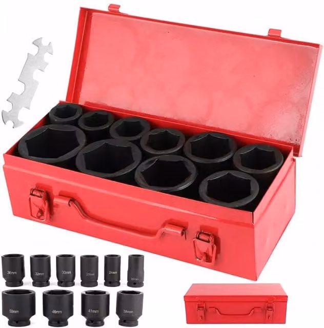 SPETLEK 11-Piece 3/4 Inch Drive Deep Impact Socket Set, 22-50mm, Black and Red Chrome Molybdenum Steel