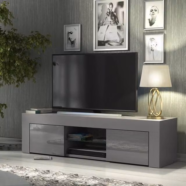 FORGEVIO Modern Grey High Gloss TV Stand Sideboard Cabinet with Media Compartments